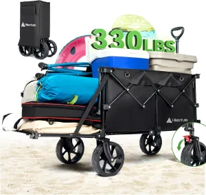 Hikenture Beach Wagon with Big Wheels for Sand, 47.5" Extra Long Collapsible Wagon with Tailgate, 330lbs Capacity Wagons Carts Foldable, Heavy Duty Folding Wagon Cart