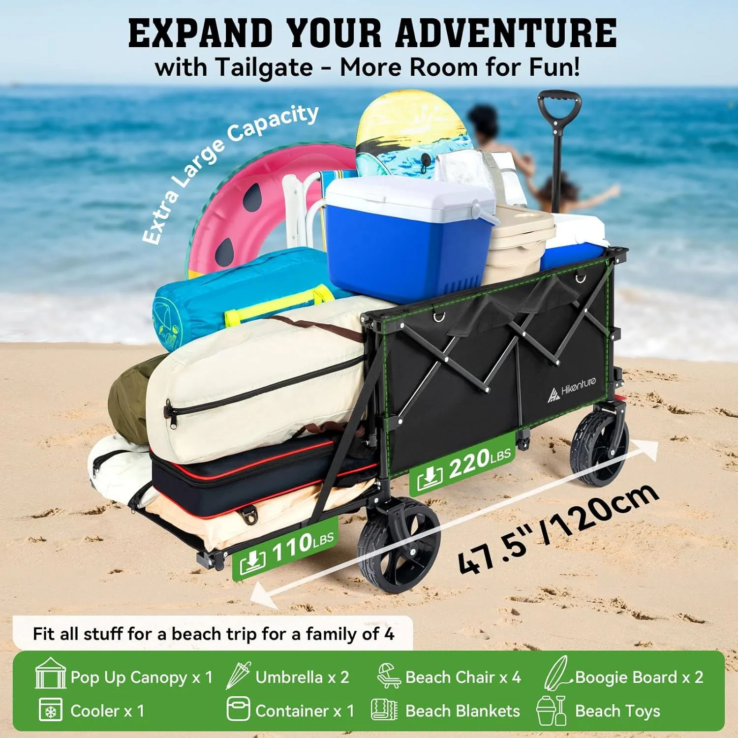 Hikenture Beach Wagon with Big Wheels for Sand, 47.5" Extra Long Collapsible Wagon with Tailgate, 330lbs Capacity Wagons Carts Foldable, Heavy Duty Folding Wagon Cart