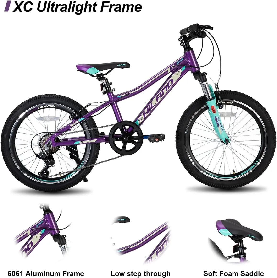 Hiland 20 Inch Kids Mountain Bike Aged 5-12, Lightweight Aluminum Children MTB with Lock-Out Suspension Fork, 7 speeds Gears, Youth Bicycle for Boys Girls
