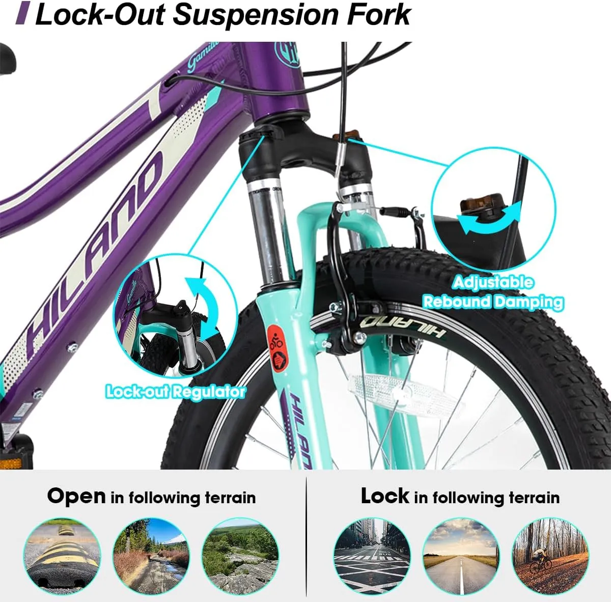 Hiland 20 Inch Kids Mountain Bike Aged 5-12, Lightweight Aluminum Children MTB with Lock-Out Suspension Fork, 7 speeds Gears, Youth Bicycle for Boys Girls
