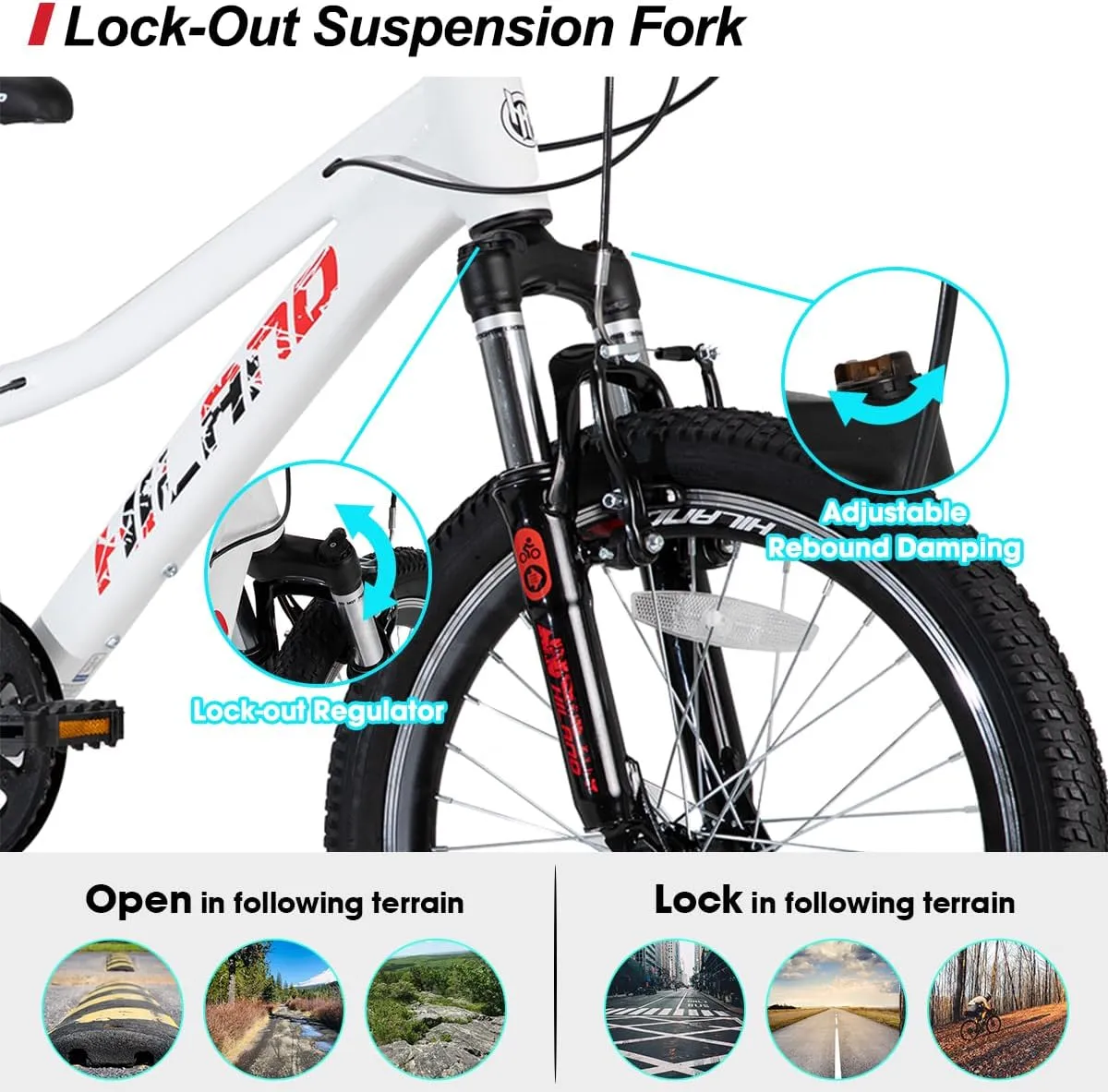 Hiland 20 Inch Kids Mountain Bike Aged 5-12, Lightweight Aluminum Children MTB with Lock-Out Suspension Fork, 7 speeds Gears, Youth Bicycle for Boys Girls