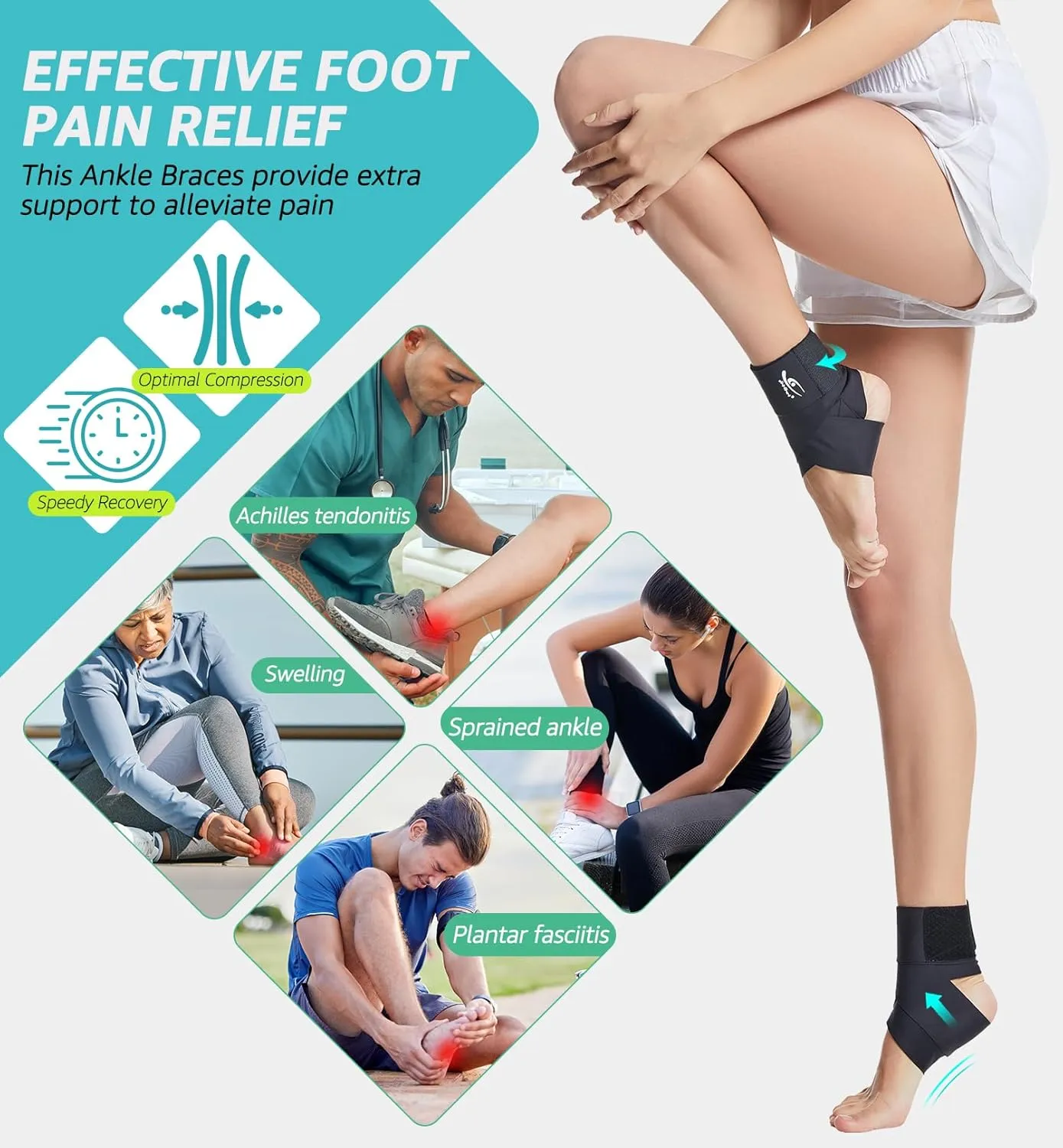 HiRui Ultrathin High-Elastic Ankle Wraps Ankle Brace for Men Women Kids, Adjustable Ankle Straps for Running, Football, Basketball, Sprains, Arthritis, Plantar Fasciitis (Black, Medium (Pack of 2))