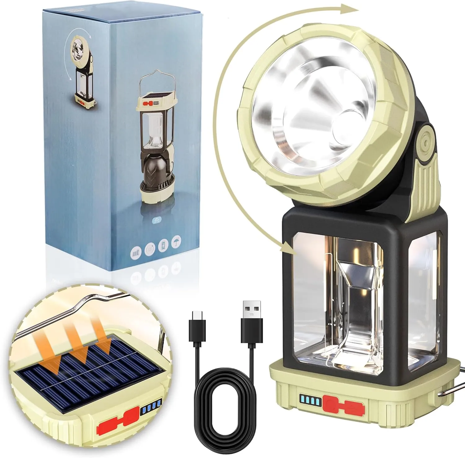 HOMY Electric Lanterns Solar Charging Gray-Green Camping Essentials LED Lights and Rechargeable Flashlight Headlight   Big Lights, 5 Light Mode Brighter Hanging Tent Lights Upgrade