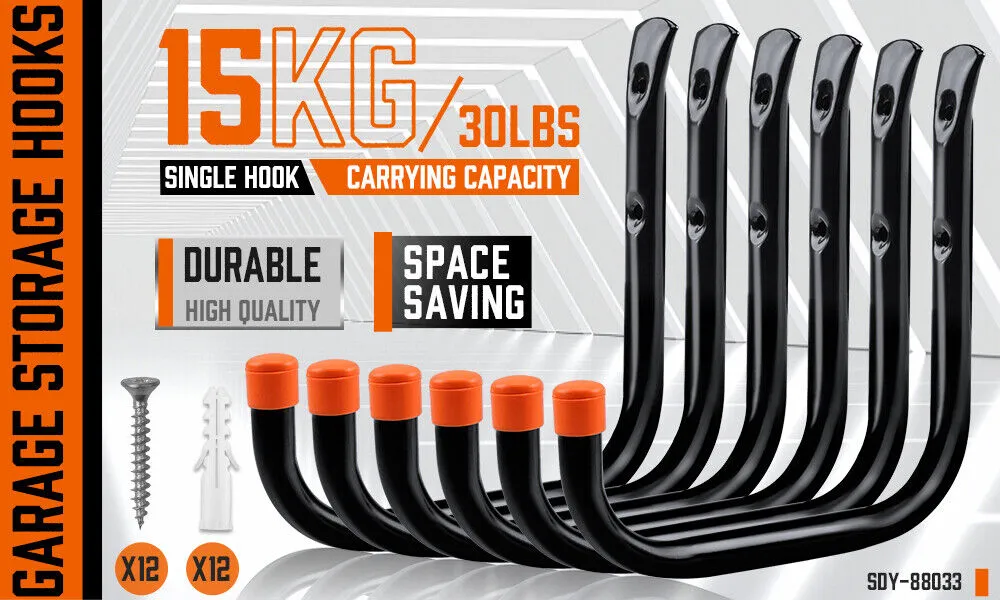 HORUSDY 6Pc Heavy Duty Steel Garage Hooks Set - Wall Mount Storage Rack Hanger