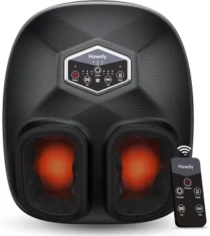 Howdy Shiatsu Foot Massager Machine with Heat, Compression & Remote - Deep Kneading, 3 Intensity Levels, Gifts for Women/Mom/Dad - Fits Size 12, Removable Washable Covers & Portable Storage Bag