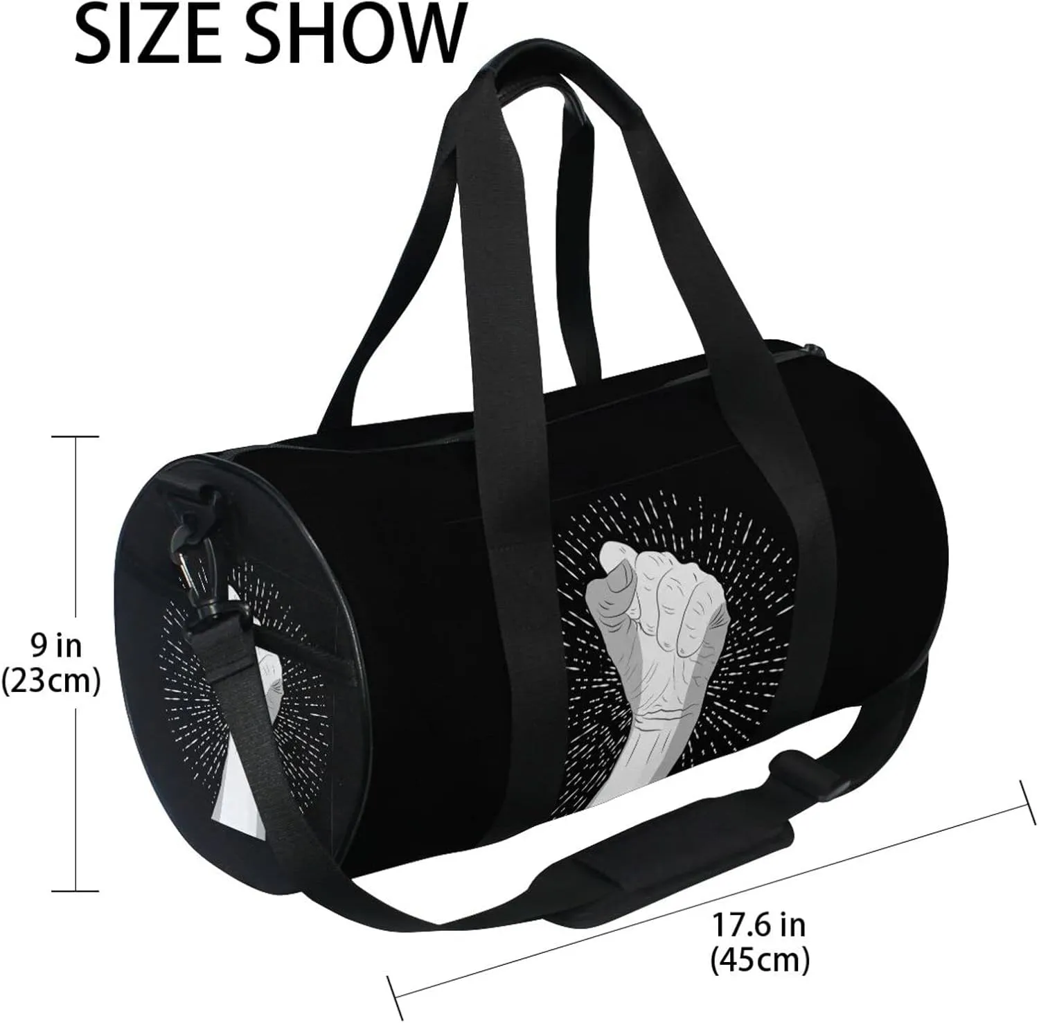 Human Hand with a Fist Raised up with White Rays on Dark Duffel Bag, Foldable Canvas Travel Tote for Gym Sports with Inner Pockets, Durable Lightweight Fitness Bag for Overnight Workout