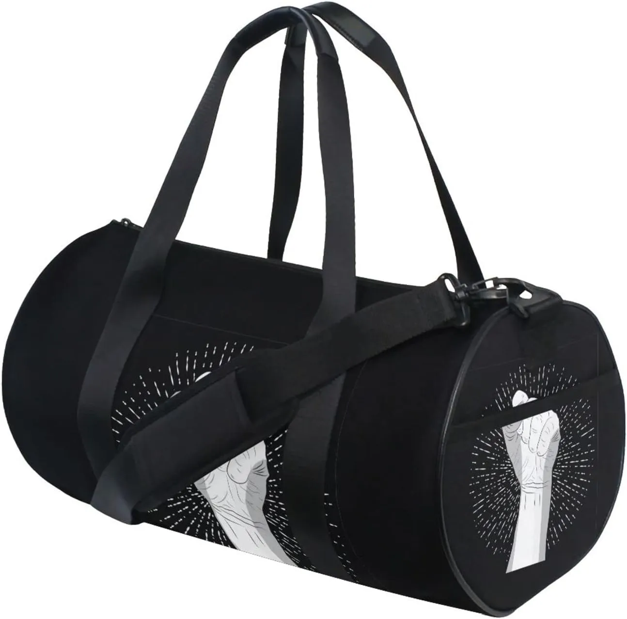 Human Hand with a Fist Raised up with White Rays on Dark Duffel Bag, Foldable Canvas Travel Tote for Gym Sports with Inner Pockets, Durable Lightweight Fitness Bag for Overnight Workout