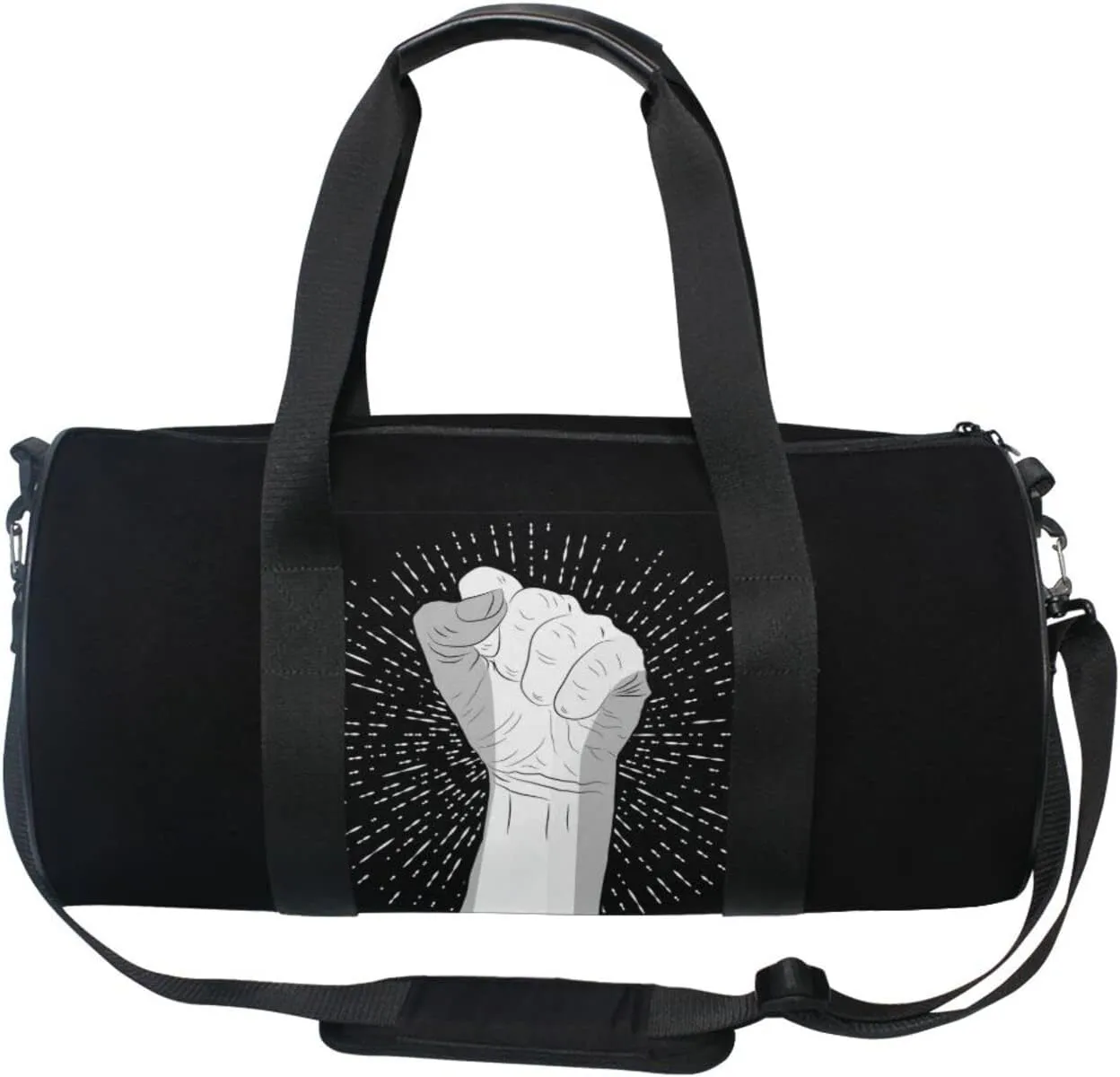 Human Hand with a Fist Raised up with White Rays on Dark Duffel Bag, Foldable Canvas Travel Tote for Gym Sports with Inner Pockets, Durable Lightweight Fitness Bag for Overnight Workout