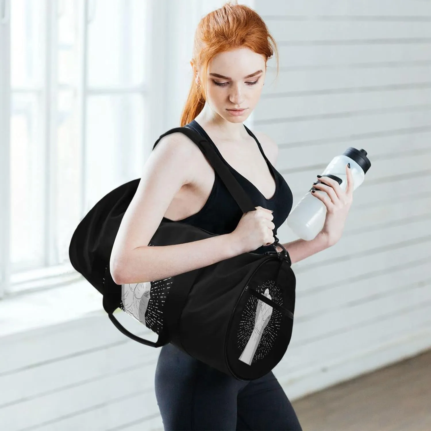 Human Hand with a Fist Raised up with White Rays on Dark Duffel Bag, Foldable Canvas Travel Tote for Gym Sports with Inner Pockets, Durable Lightweight Fitness Bag for Overnight Workout
