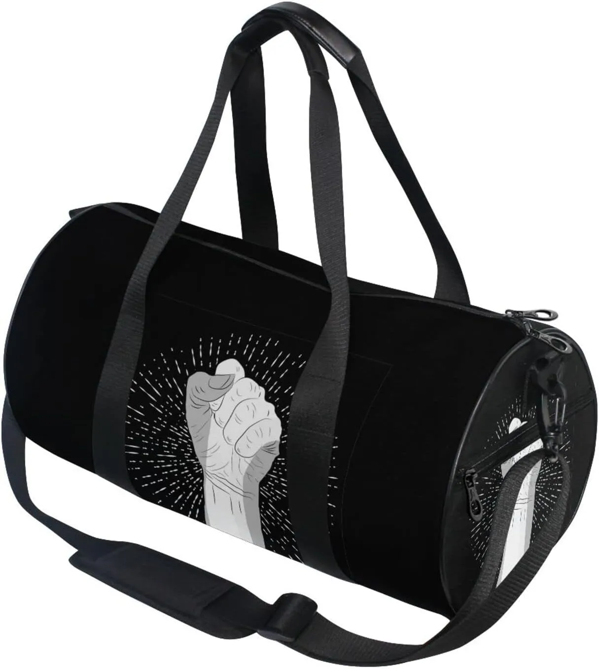 Human Hand with a Fist Raised up with White Rays on Dark Duffel Bag, Foldable Canvas Travel Tote for Gym Sports with Inner Pockets, Durable Lightweight Fitness Bag for Overnight Workout