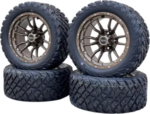 Huskey Golf Cart 14" Matte Bronze Huntsman Wheels W/ 23x10-14 All Terrain/Street Tires (DOT), Set of 4, 16x Lug Nuts, 4x Center Caps