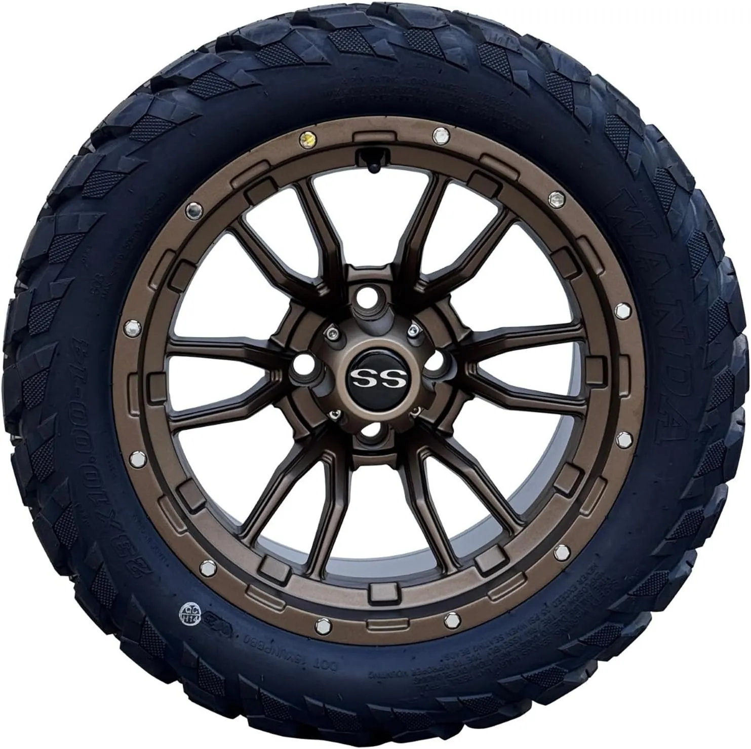 Huskey Golf Cart 14" Matte Bronze Huntsman Wheels W/ 23x10-14 All Terrain/Street Tires (DOT), Set of 4, 16x Lug Nuts, 4x Center Caps