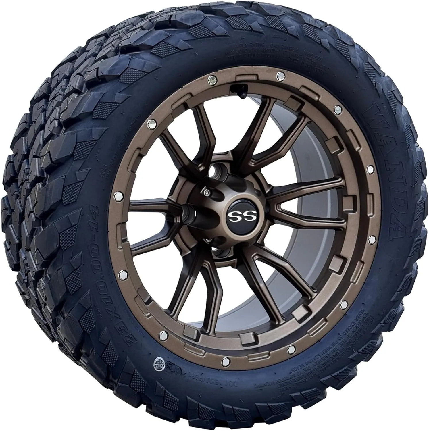 Huskey Golf Cart 14" Matte Bronze Huntsman Wheels W/ 23x10-14 All Terrain/Street Tires (DOT), Set of 4, 16x Lug Nuts, 4x Center Caps