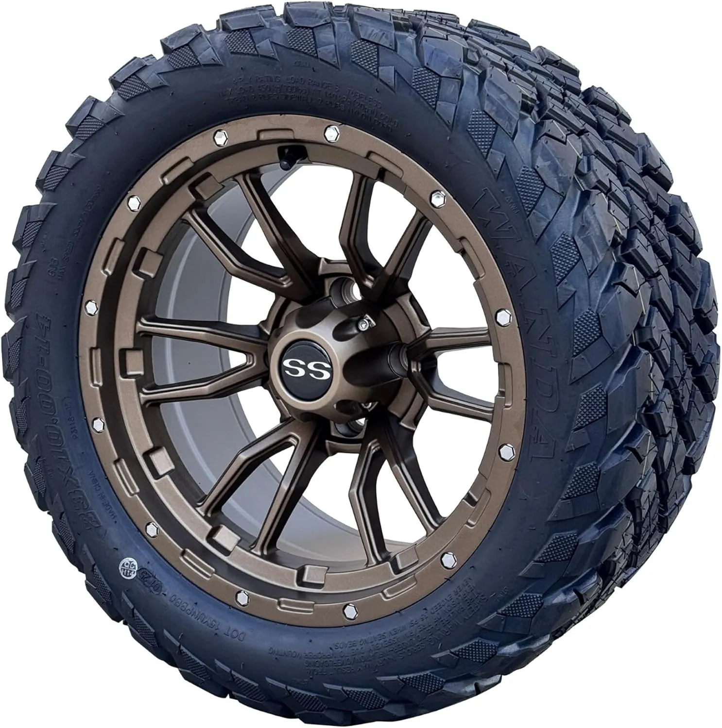 Huskey Golf Cart 14" Matte Bronze Huntsman Wheels W/ 23x10-14 All Terrain/Street Tires (DOT), Set of 4, 16x Lug Nuts, 4x Center Caps