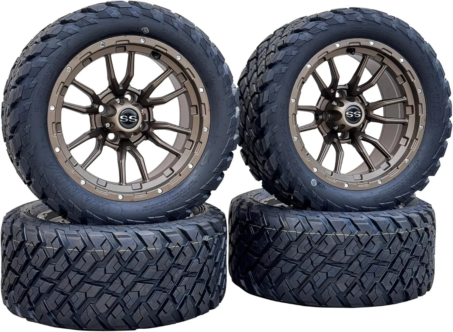 Huskey Golf Cart 14" Matte Bronze Huntsman Wheels W/ 23x10-14 All Terrain/Street Tires (DOT), Set of 4, 16x Lug Nuts, 4x Center Caps