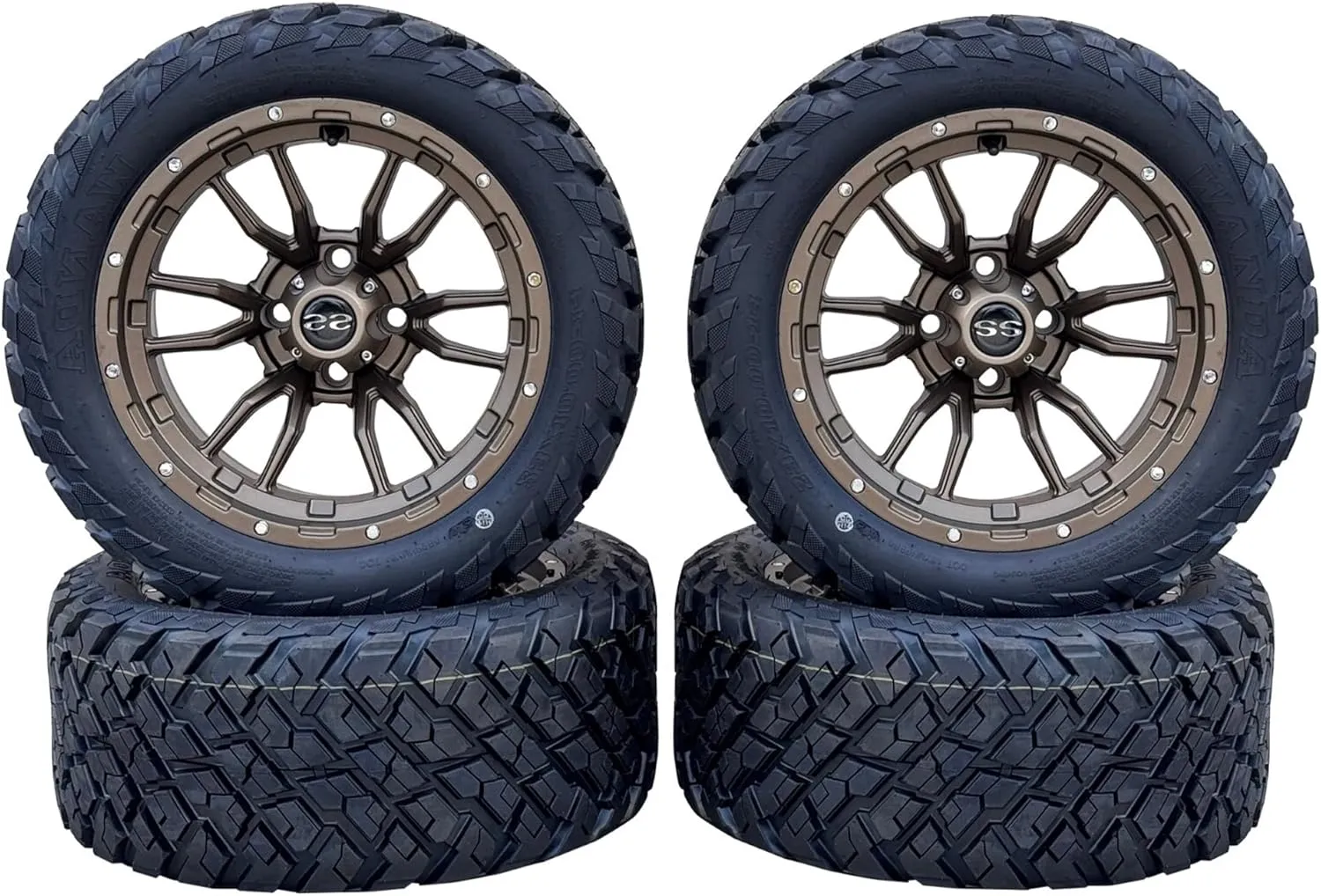 Huskey Golf Cart 14" Matte Bronze Huntsman Wheels W/ 23x10-14 All Terrain/Street Tires (DOT), Set of 4, 16x Lug Nuts, 4x Center Caps