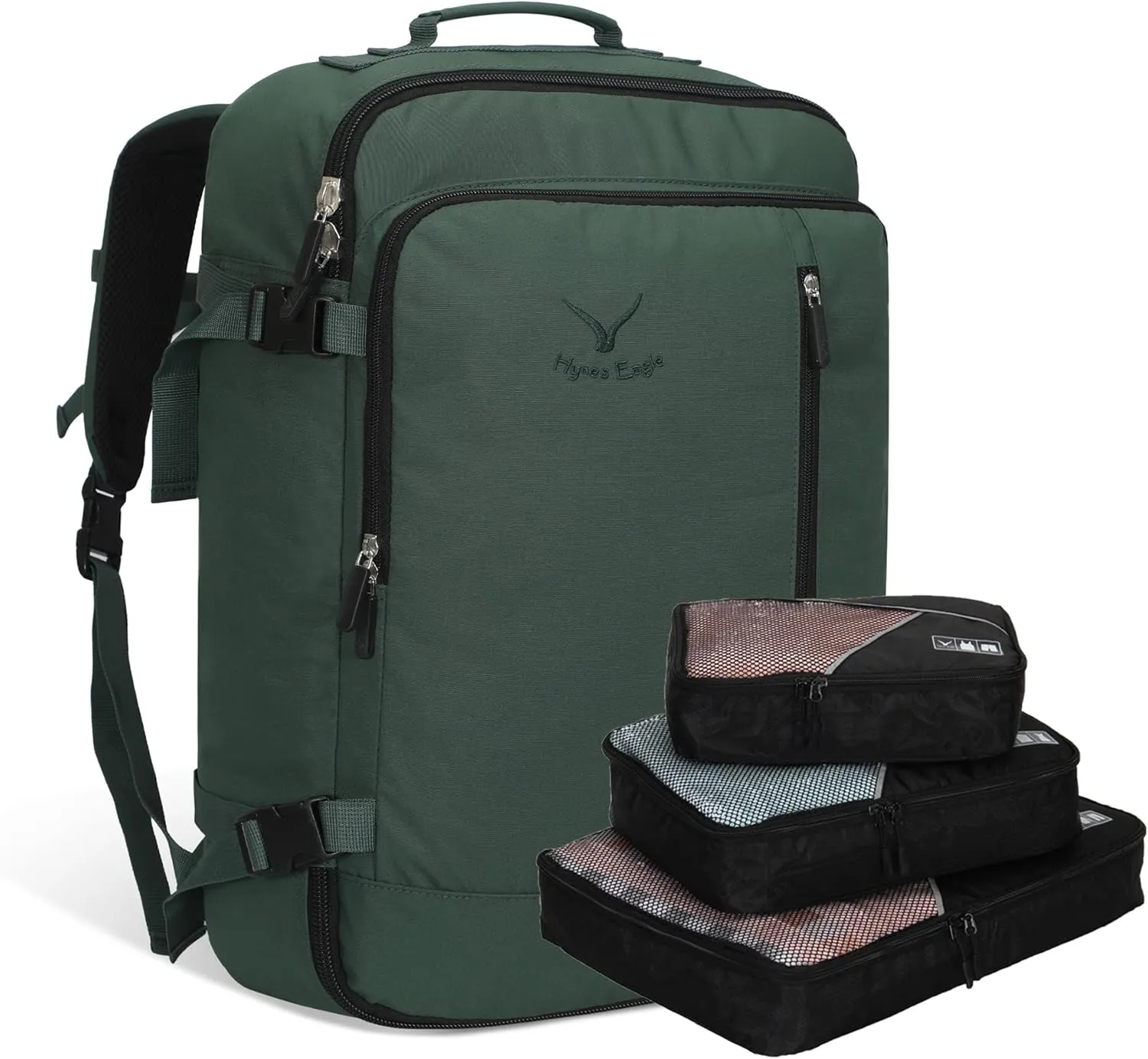 Hynes Eagle Carry on Backpack 38L Large Travel Backpack for Women Flight Approved Weekender Bag Laptop Backpack Men 15 inches Oliver Green with 3PCS Packing Cubes Set Black