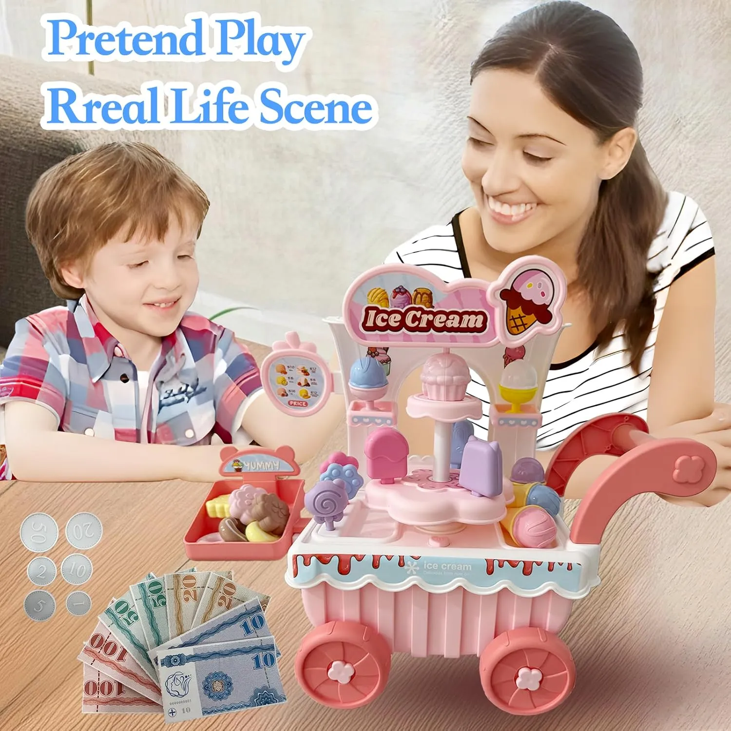 Ice Cream Cart Toy Play Set for Kids, Pretend Play Ice Cream Shop Kitchen Food Toys, Montessori Educational Ice Cream Truck Toys for Toddlers 3-5 Preschool Learning Activities (Pink)
