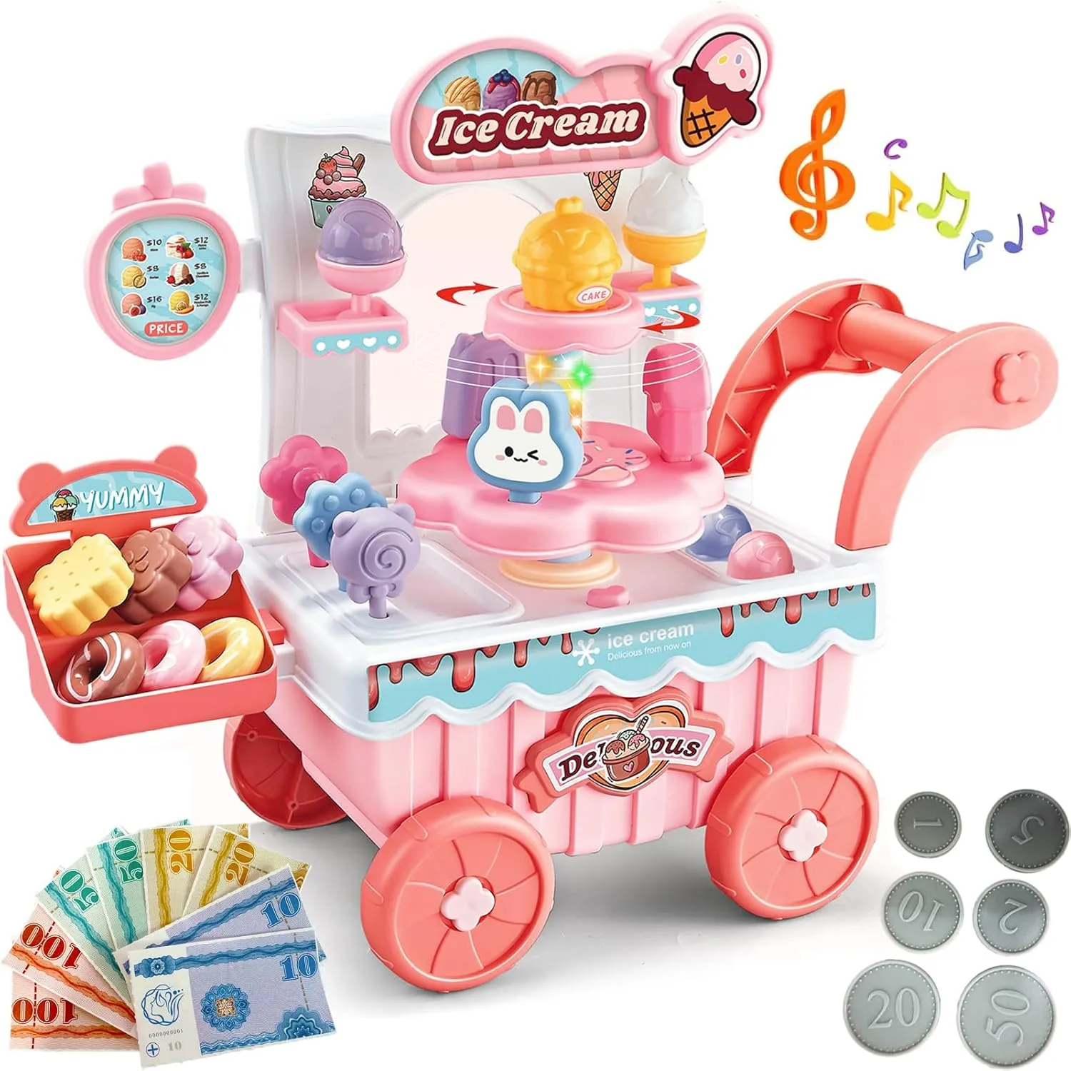 Ice Cream Cart Toy Play Set for Kids, Pretend Play Ice Cream Shop Kitchen Food Toys, Montessori Educational Ice Cream Truck Toys for Toddlers 3-5 Preschool Learning Activities (Pink)