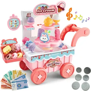 Ice Cream Cart Toy Play Set for Kids, Pretend Play Ice Cream Shop Kitchen Food Toys, Montessori Educational Ice Cream Truck Toys for Toddlers 3-5 Preschool Learning Activities (Pink)