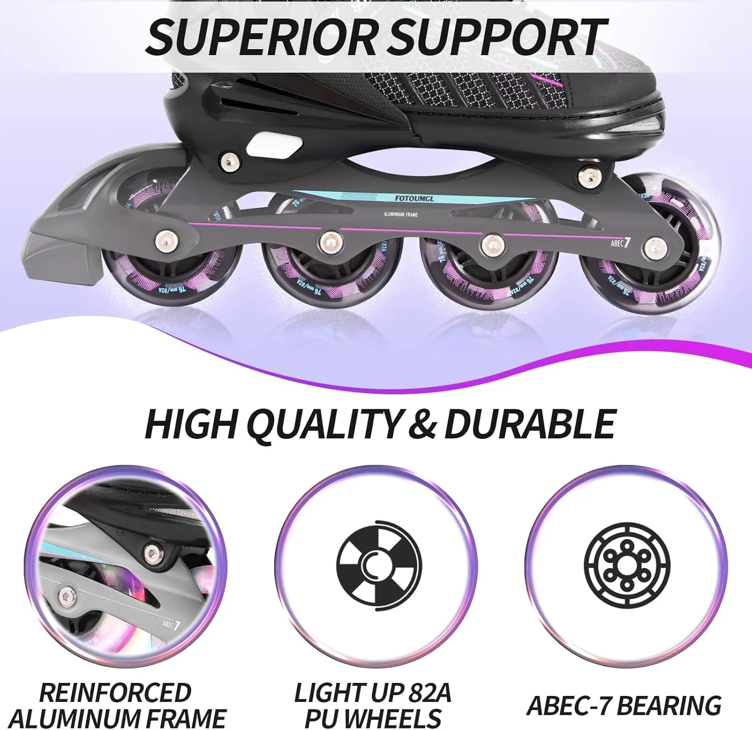 Inline Skates for Kids and Youth, Adjustable, Light Up Wheels, Beginner, Black, US 1-5, Girls