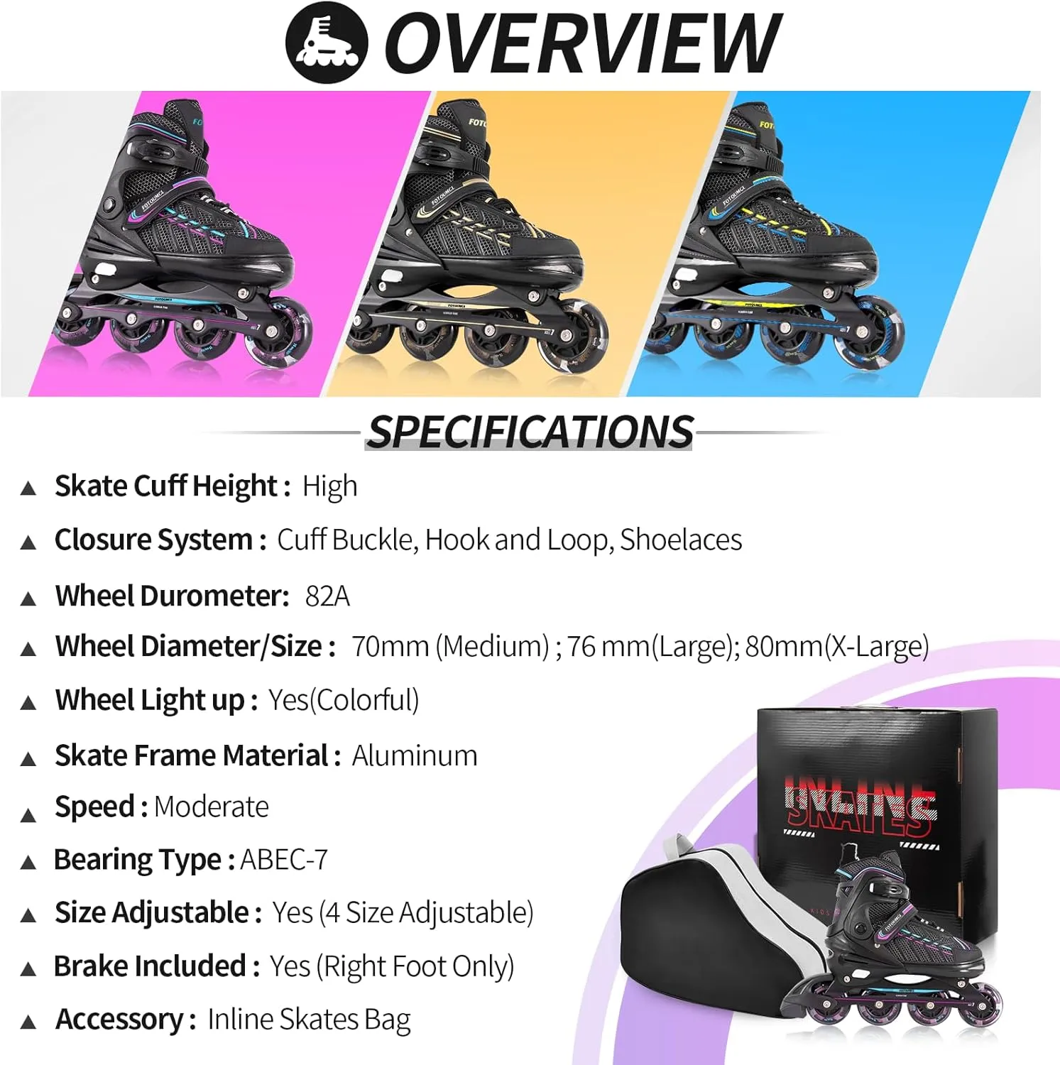 Inline Skates for Kids and Youth, Adjustable, Light Up Wheels, Beginner, Black, US 1-5, Girls