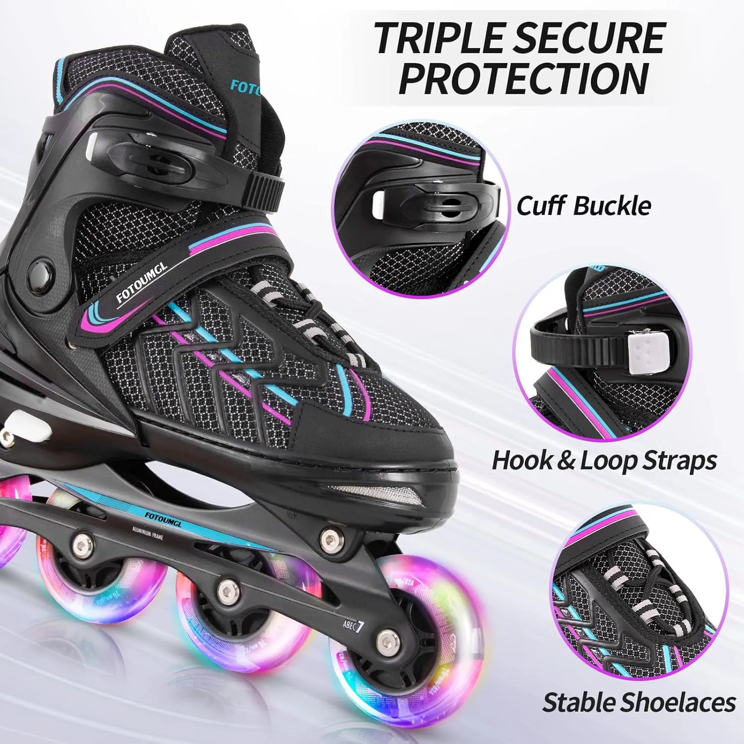 Inline Skates for Kids and Youth, Adjustable, Light Up Wheels, Beginner, Black, US 1-5, Girls