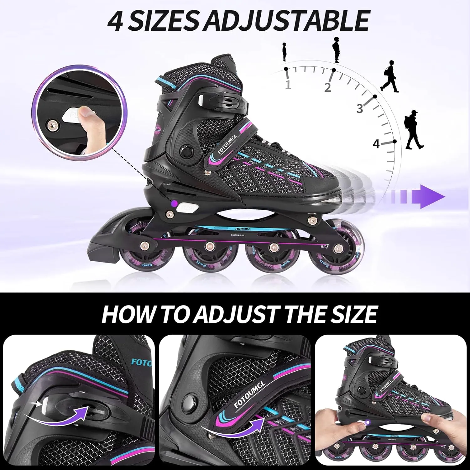 Inline Skates for Kids and Youth, Adjustable, Light Up Wheels, Beginner, Black, US 1-5, Girls