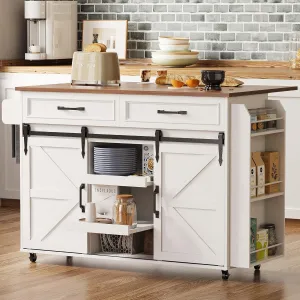 IRONCK Kitchen Island with Storage, Rolling Kitchen Island Cart with Drop Leaf Countertop, Island Table for Kitchen with Pull-Out Shelf, Barn Doors, for Dining Room, Home Bar, White