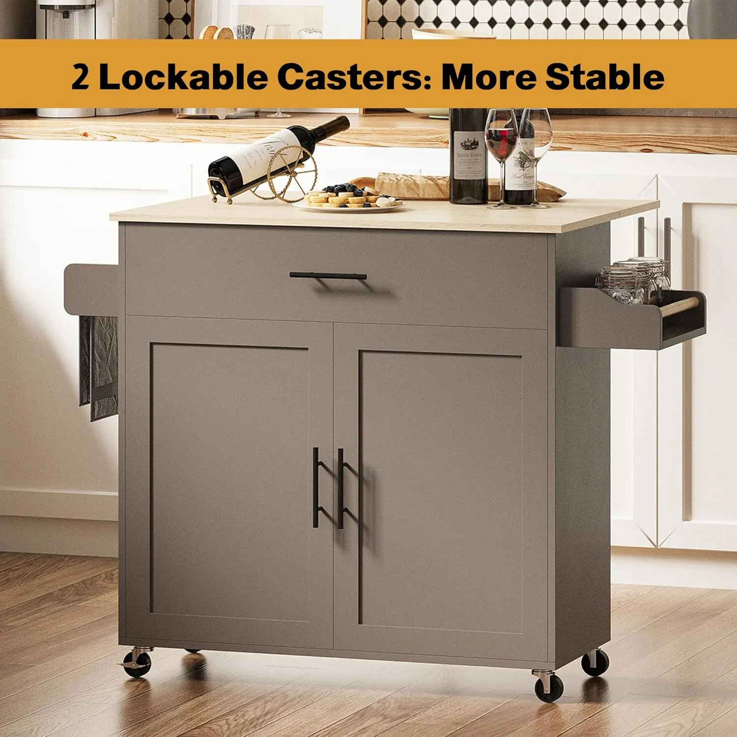 IRONCK Rolling Kitchen Island Table on Wheels with Solid Wood Top, Drop Leaf, Drawer and Storage Cabinet, 47" W Kitchen Cart with Spice & Towel Rack, Dark Gray