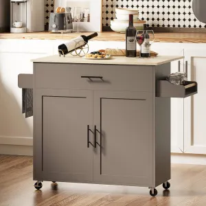IRONCK Rolling Kitchen Island Table on Wheels with Solid Wood Top, Drop Leaf, Drawer and Storage Cabinet, 47" W Kitchen Cart with Spice & Towel Rack, Dark Gray