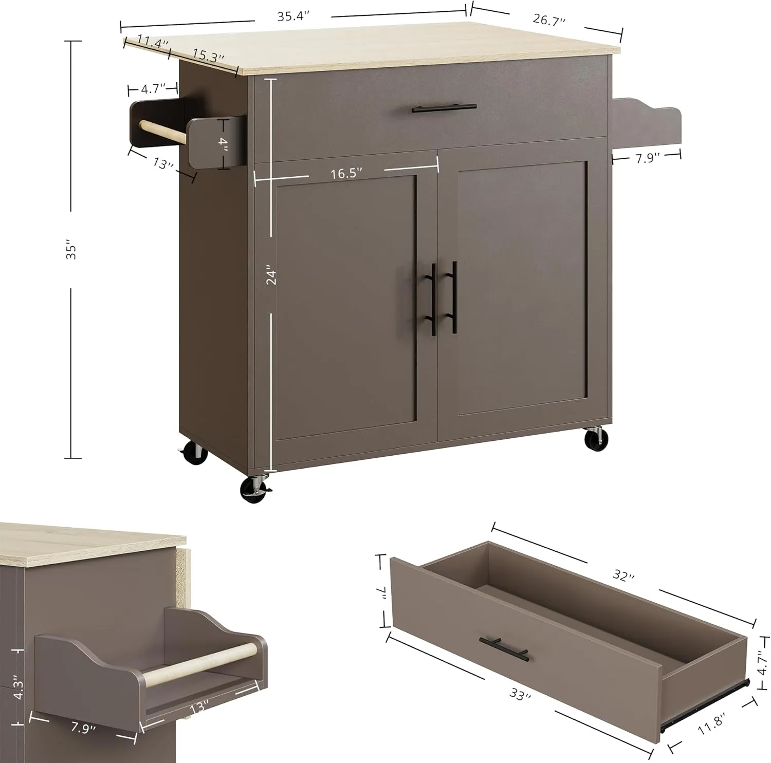 IRONCK Rolling Kitchen Island Table on Wheels with Solid Wood Top, Drop Leaf, Drawer and Storage Cabinet, 47" W Kitchen Cart with Spice & Towel Rack, Dark Gray