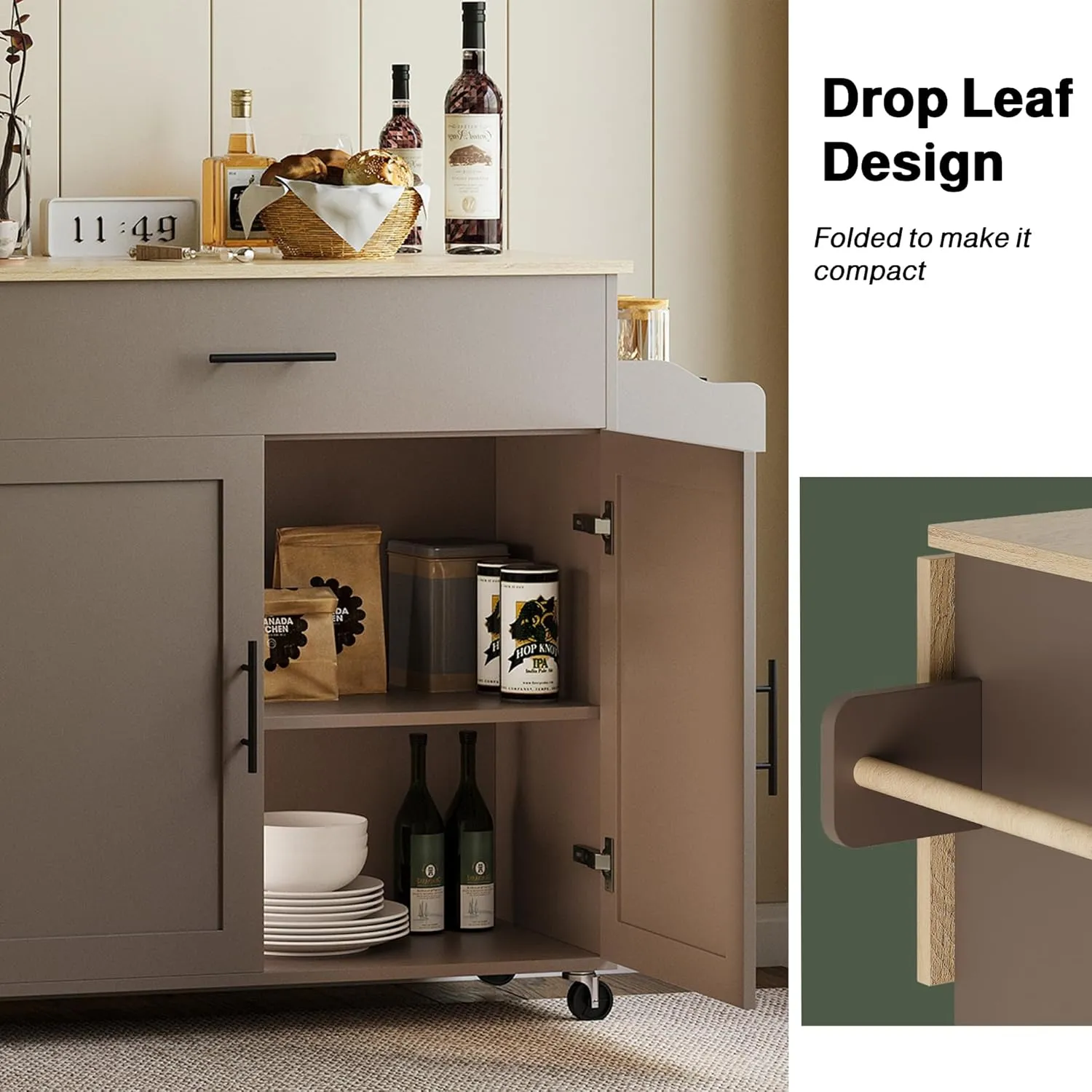 IRONCK Rolling Kitchen Island Table on Wheels with Solid Wood Top, Drop Leaf, Drawer and Storage Cabinet, 47" W Kitchen Cart with Spice & Towel Rack, Dark Gray