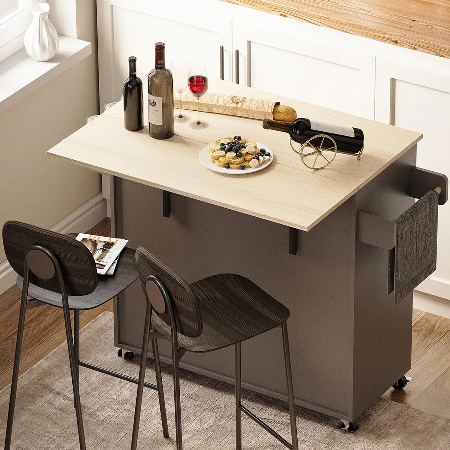 IRONCK Rolling Kitchen Island Table on Wheels with Solid Wood Top, Drop Leaf, Drawer and Storage Cabinet, 47" W Kitchen Cart with Spice & Towel Rack, Dark Gray