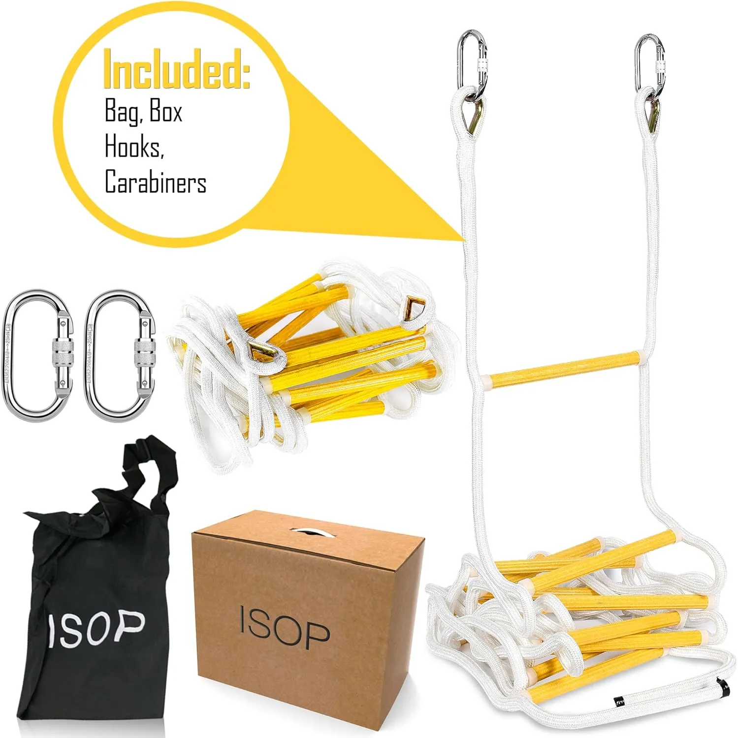 ISOP Outdoor Climbing Rope Ladder - Compact Portable Safety Rope Ladders - Hanging Rope with Hooks for Teens & Adults - Exercise Rope Ladder for Swing Set & Tree House