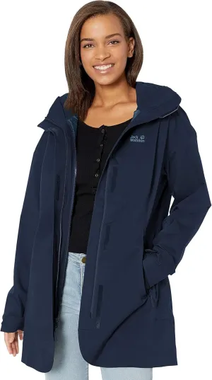Jack Wolfskin Women's Ruunaa Women's Waterproof Rain Jacket Regular-System-Zip, Midnight Blue, Large
