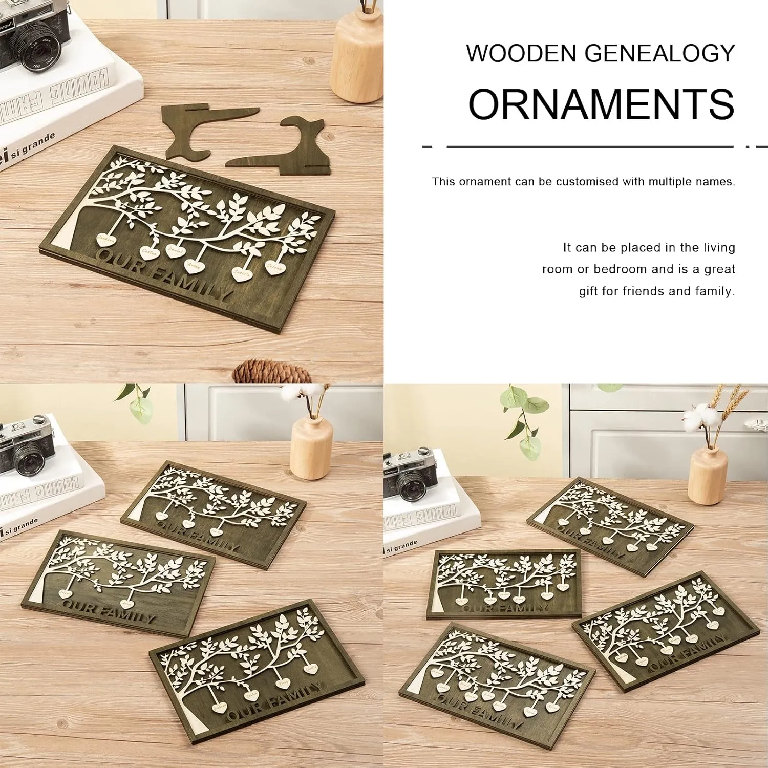 JewelOra Custom 2-9 Names Family Tree Frame Personalized Family Sign Custom Wooden Desk Plaque Decoration Sign Mother's Day Gift for Mom(Style 2, 6-names)