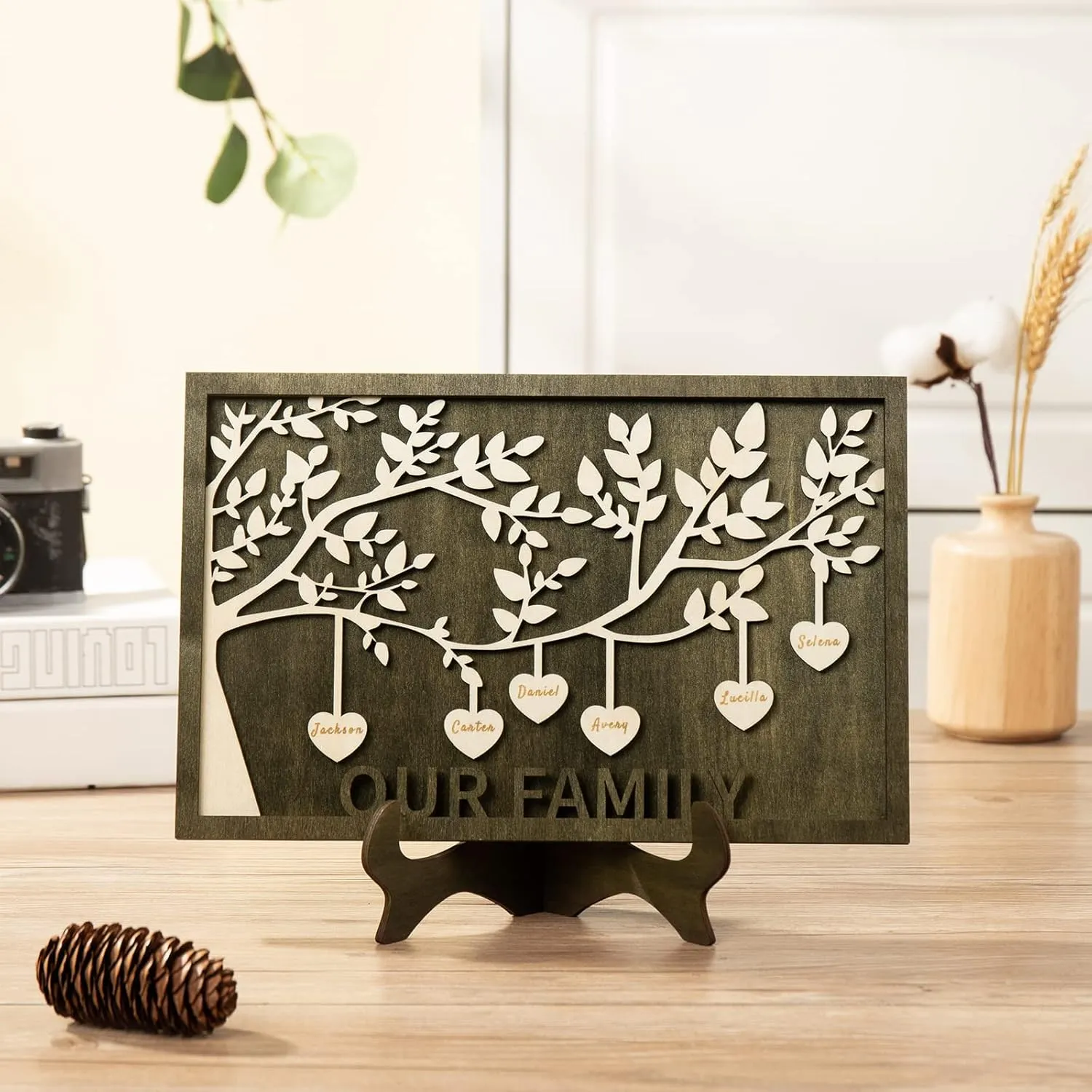 JewelOra Custom 2-9 Names Family Tree Frame Personalized Family Sign Custom Wooden Desk Plaque Decoration Sign Mother's Day Gift for Mom(Style 2, 6-names)