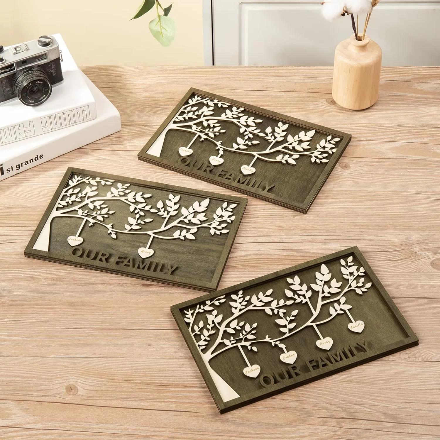 JewelOra Custom 2-9 Names Family Tree Frame Personalized Family Sign Custom Wooden Desk Plaque Decoration Sign Mother's Day Gift for Mom(Style 2, 6-names)