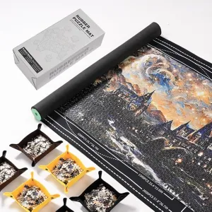 Jigsaw Puzzle Mat Roll Up 44” x 30” Portable Keeper for up to 3000 Pc Slip Smooth Polyester Includes 6 Sorting Trays & Travel Friendly Storage Bag (500—2000 Pieces)