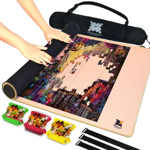 Jigsaw Puzzle Mat Roll Up - 46" x 26" Premium Polyester Top With Non-Slip Rubber Bottom | Mat for Up to 1500 Pieces   3 Sorting Trays and Travel-Friendly Storage Bag, Organizer