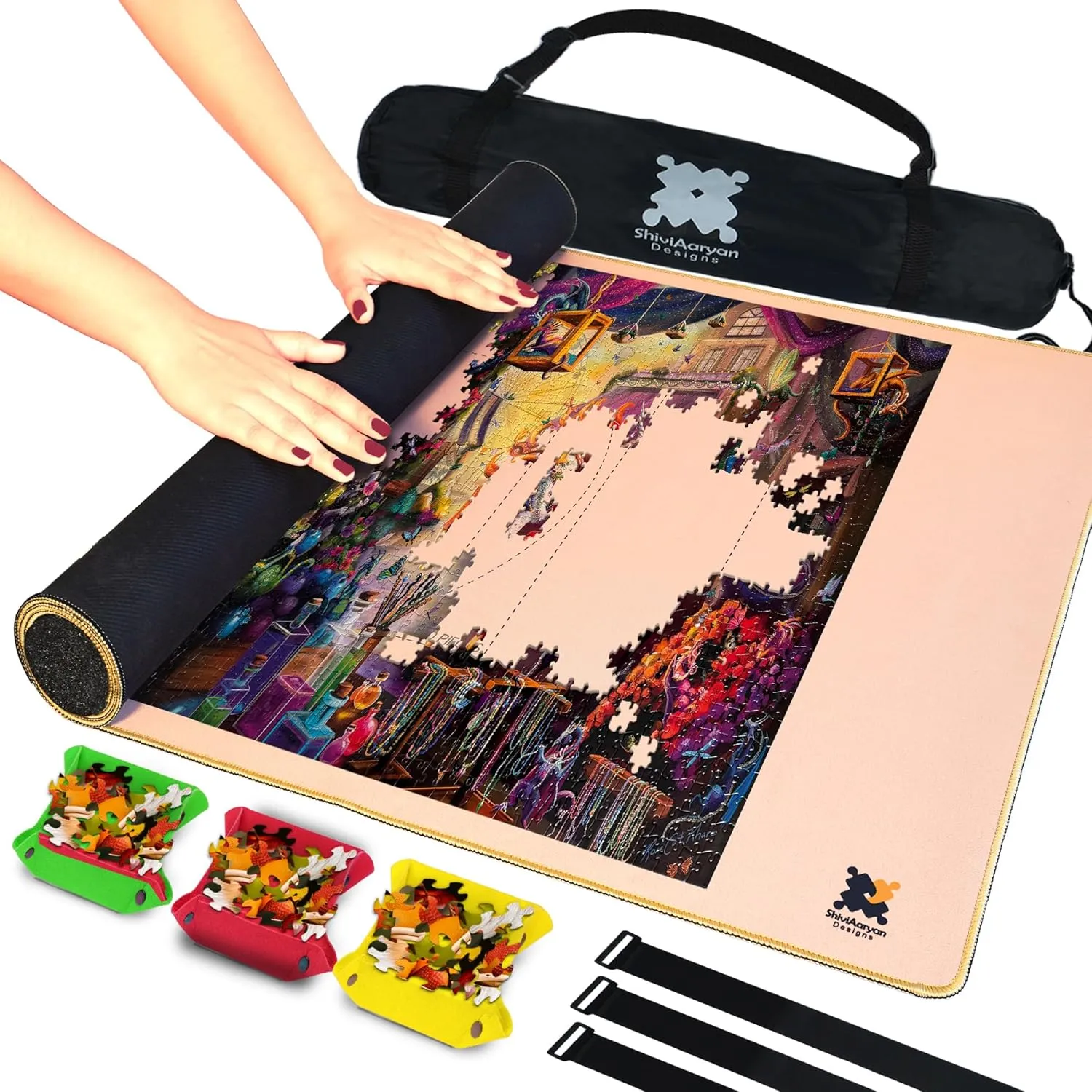 Jigsaw Puzzle Mat Roll Up - 46" x 26" Premium Polyester Top With Non-Slip Rubber Bottom | Mat for Up to 1500 Pieces   3 Sorting Trays and Travel-Friendly Storage Bag, Organizer