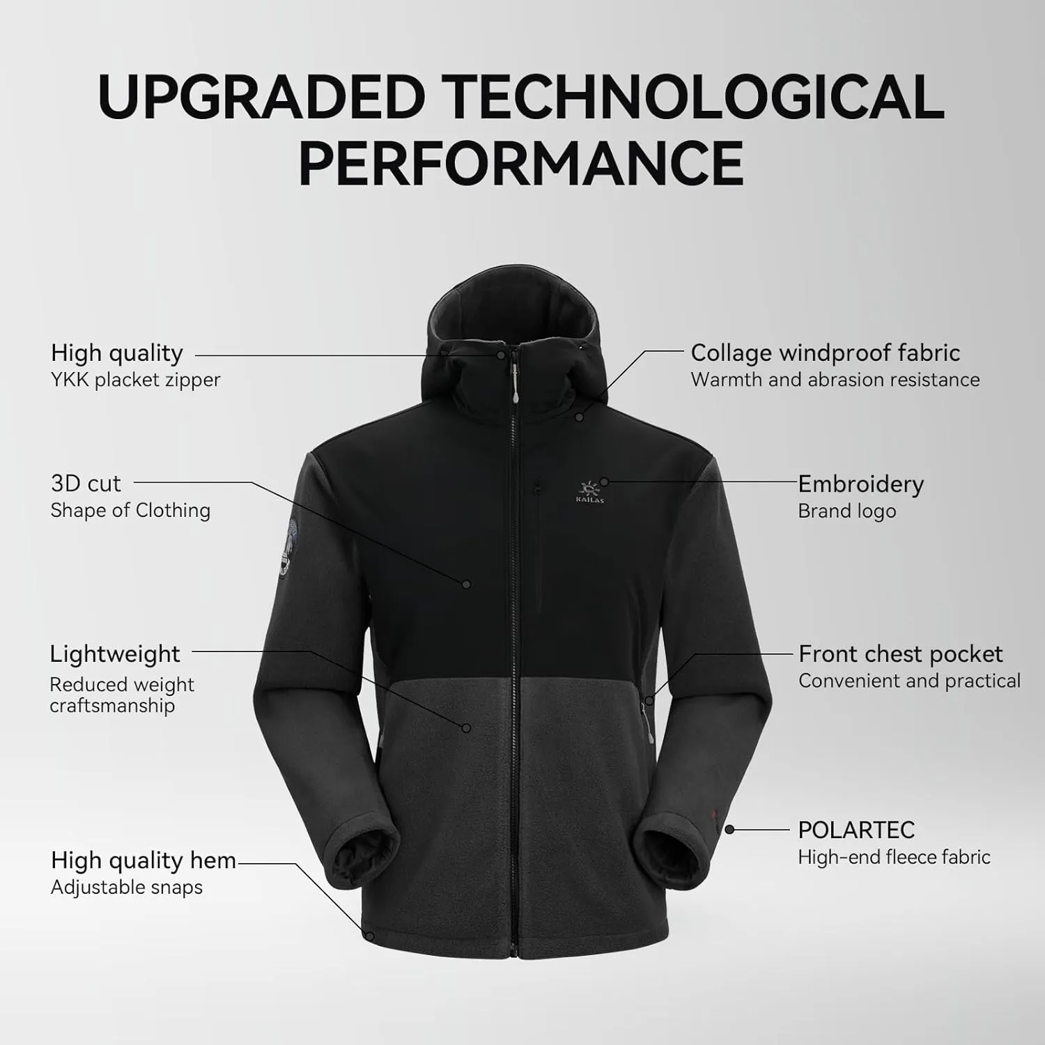 KAILAS Men's Fleece Jacket Hooded Winter Jacket Full Zip Jacket Lightweight Polar Warm Coat Pockets Outdoor Jacket