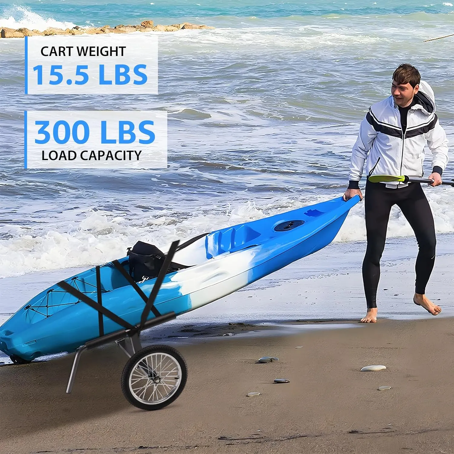 Kayak Beach Cart, Width Adjustable Universal Canoe Dolly Heavy Duty Kayak Trolley with 16" Wheels, Sturdy 300 LBS Weight Capacity