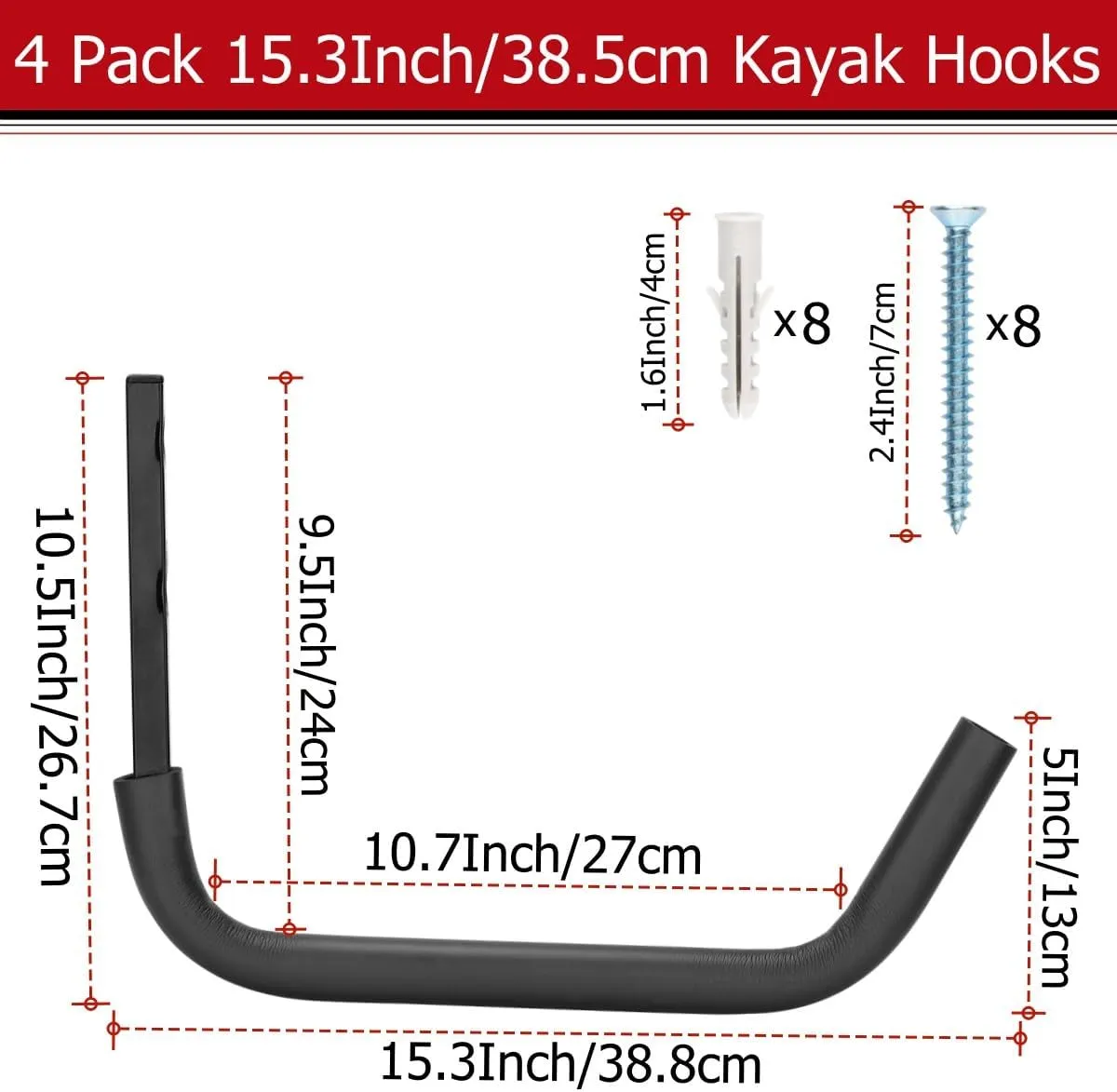 Kayak Storage Hooks, 15.5Inch Wall Mount Paddle Board Storage Rack, Heavy Duty Surfboard Hanger