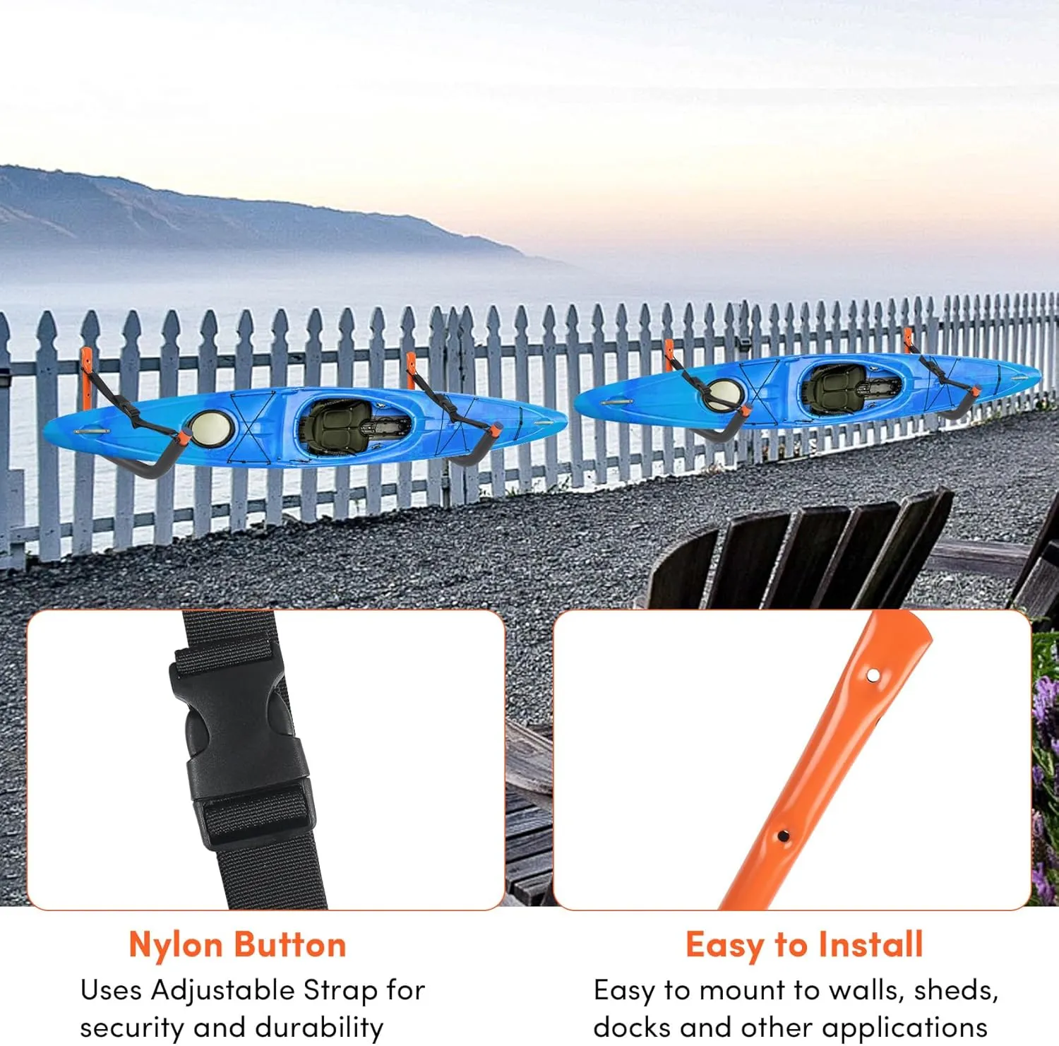 Kayak Storage Rack,Kayak Rack for Garage,Kayak Wall Mount Kayak Wall Rack with Nylon Straps,Heavy Duty Kayak Hanger Kayak Hook Suitable for Kayaks and SUP Paddle Board(4Pack,6 Colors)