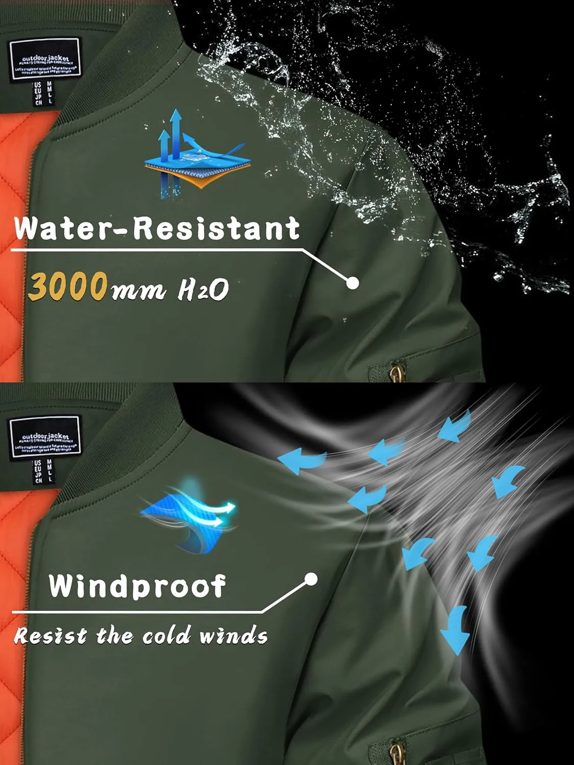 KEFITEVD Men's Jacket Casual Windproof Bomber Jackets Full Zip Windbreaker Warm Winter Padded Coats