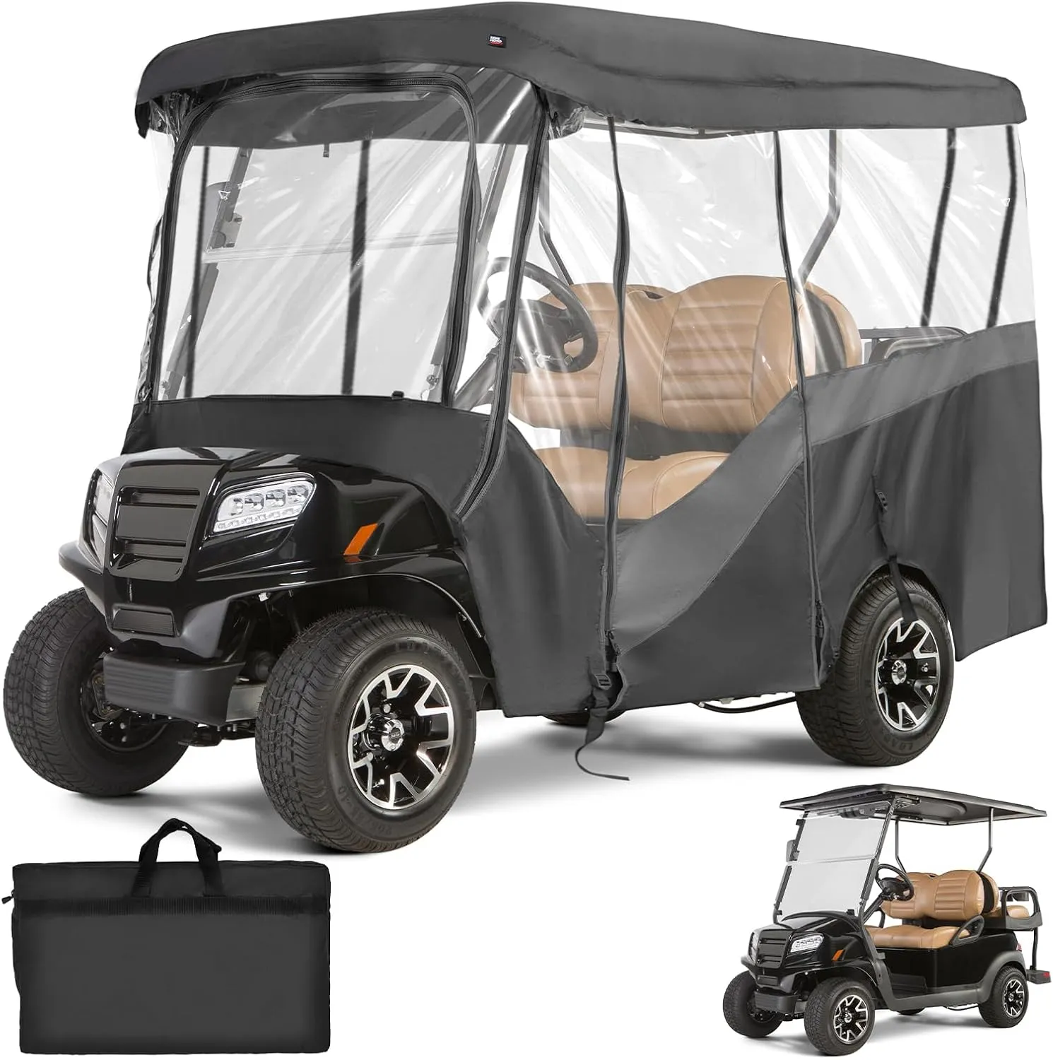 KEMIMOTO Golf Cart Enclosure, 4&6 Passenger Golf Cart Rain Cover, 600D Waterproof Driving Enclosure with Clear PVC Windshield for Extended Roof Cart