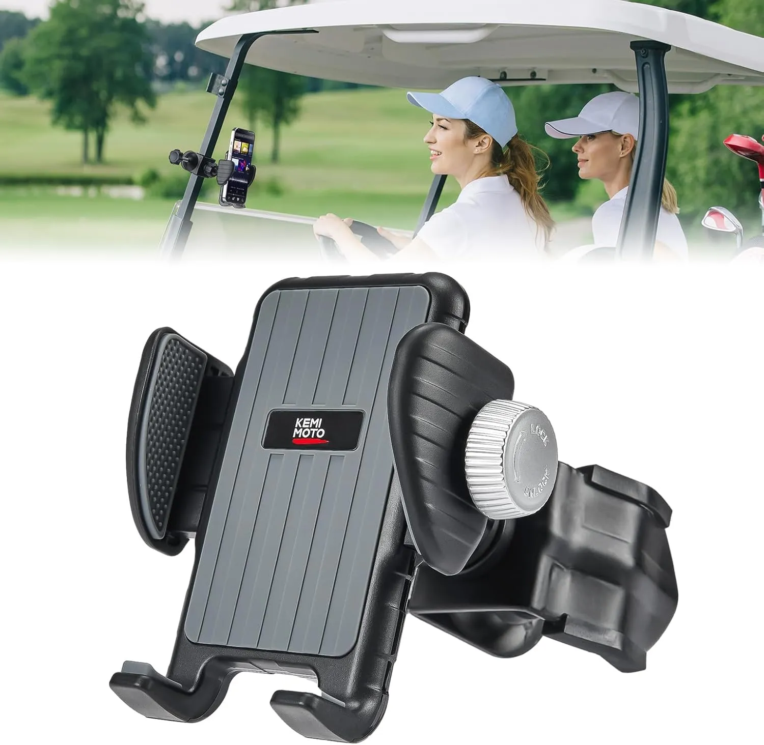 KEMIMOTO Golf Cart Phone Mount Versatile and Sturdy, Fits Square and Round Tubes 0.25-1.25inch 360-Degree Adjustable Anti Vibration Universal Phone Holder Suitable for iPhone, Galaxy, Pixel