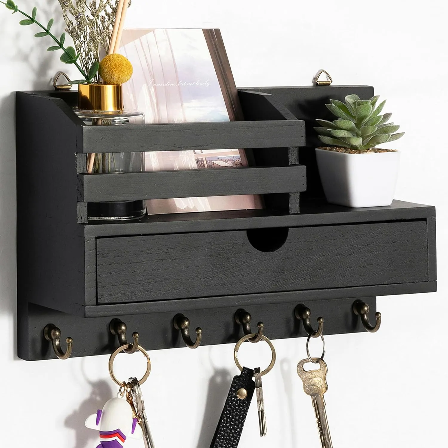 Key and Mail Holder for Wall, Mail Organizer Wall Mount with 6 Hooks and Storage Drawer, Wooden Key Rack Hanger with Shelf for Entryway and Home Decor